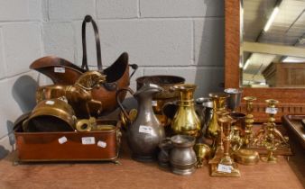 A Collection of Mainly 19th Century Metalwares, including an Arts & Crafts copper coal helmet,