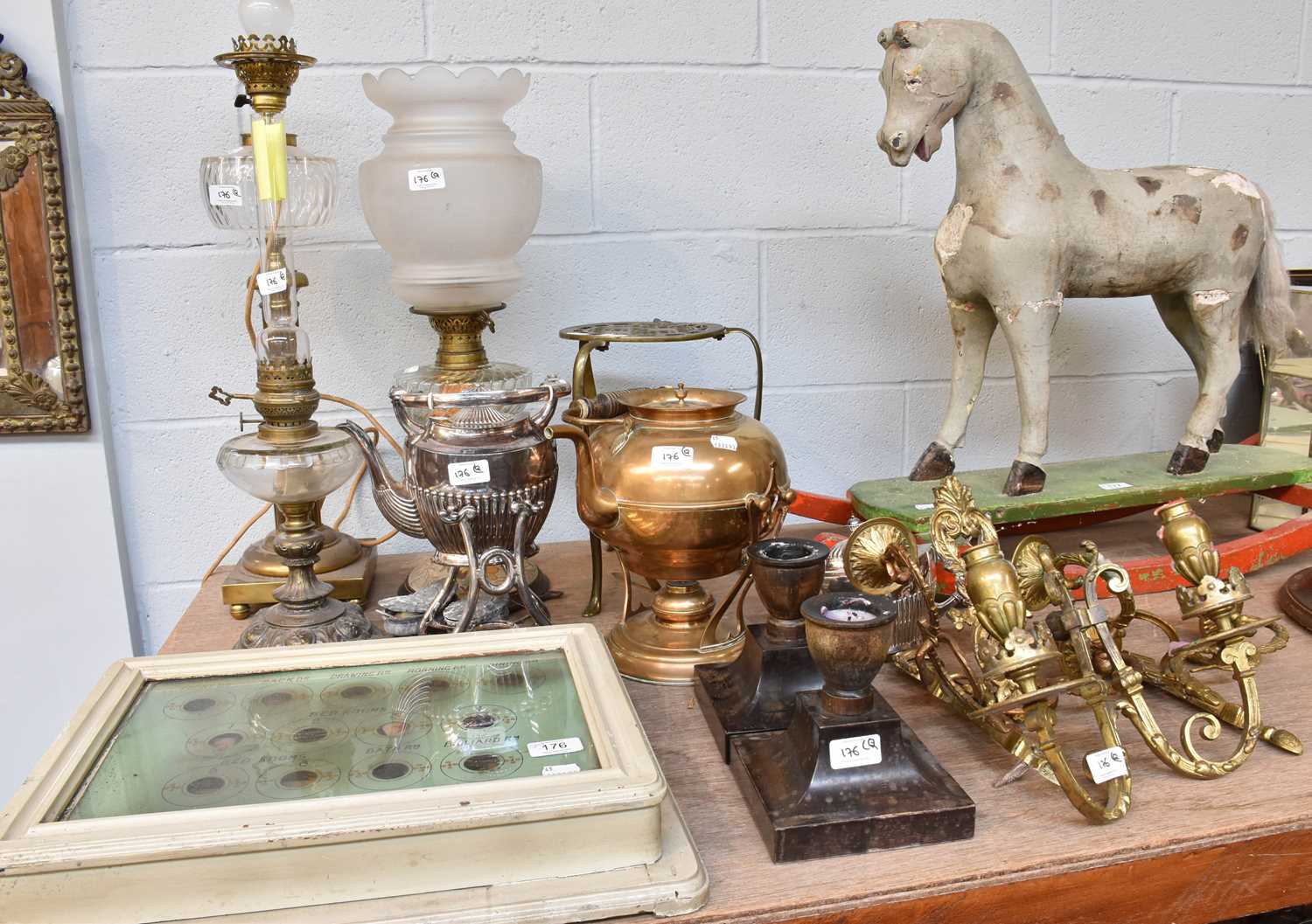 Miscellaneous Decorative Items, including an 18th century style brass sectional mirror, brass kettle