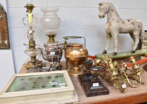 Miscellaneous Decorative Items, including an 18th century style brass sectional mirror, brass kettle