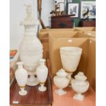 19th Century and Later Alabaster Items, including a large sectional urn, a pair of vases, a pair