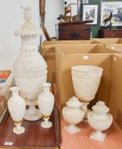19th Century and Later Alabaster Items, including a large sectional urn, a pair of vases, a pair