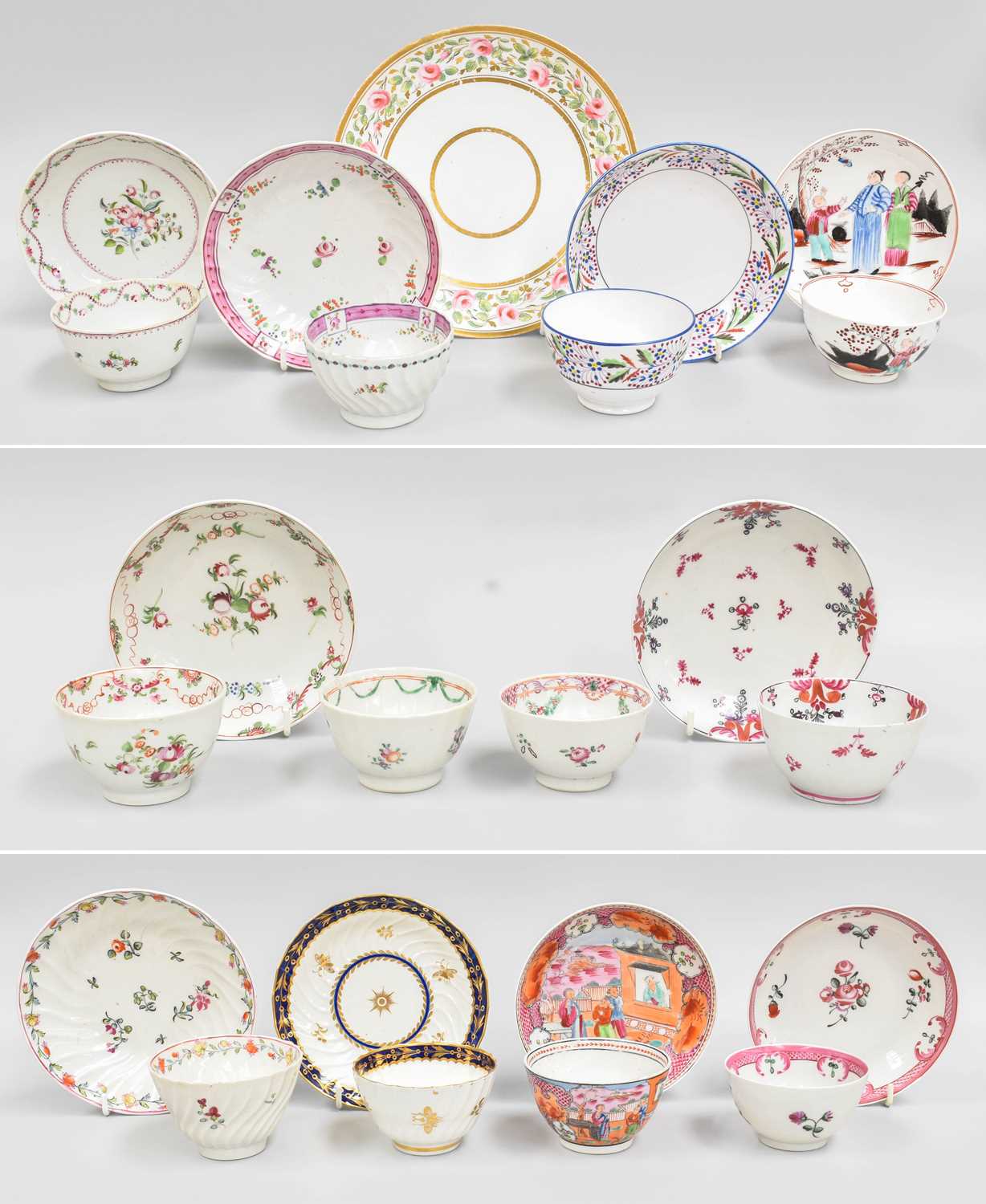 A Collection of Mainly 18th Century English Porcelain Tebowls and Saucers, including: Flight