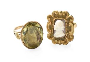 A Green Stone Ring, finger size Q; and A Cameo Ring, finger size N Green stone – closed back