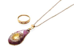 An 18 Carat Gold Ruby and Diamond Five Stone Ring, finger size P1/2; and A Limoges Pendant on Chain,