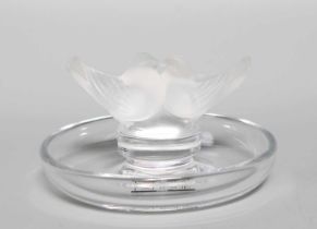 A Modern Lalique Two Colombes Frosted and Clear Glass Astray, model No.10706, signed Lalique (R)