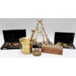 Collectors Items Including, a brass pestle and mortar, sets of scales and weights, and a clock
