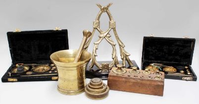 Collectors Items Including, a brass pestle and mortar, sets of scales and weights, and a clock