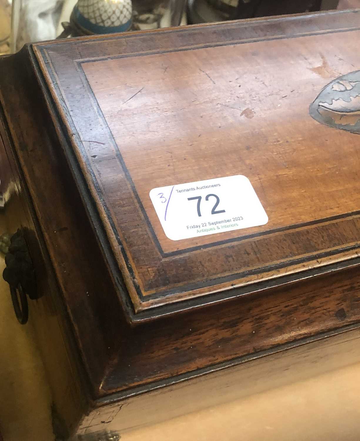 A Simulated Burr Wood Dome Top Tea Caddy, with engraved gilt metal strapwork, 18cm wide; together - Image 9 of 12