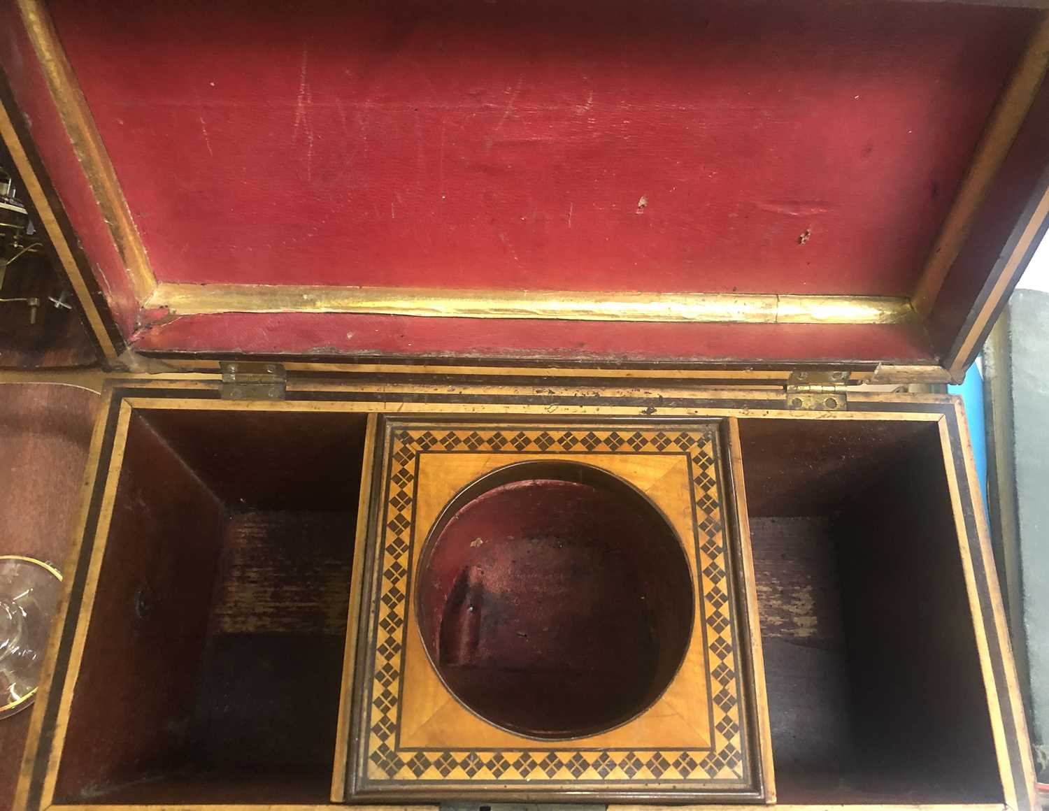 A Simulated Burr Wood Dome Top Tea Caddy, with engraved gilt metal strapwork, 18cm wide; together - Image 10 of 12