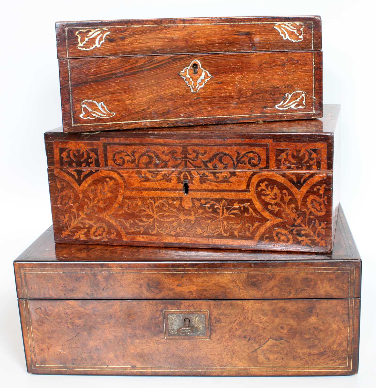 A Victorian Burr Walnut Fitted Writing Slope, together with a rosewood and burr walnut marquetry - Image 3 of 3