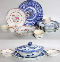 A Chinese Porcelain Tureen, Cover and Associated Stand, late 18th century, painted in underglaze