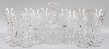 A Set of Eight Wine Glasses, of flared form, flat cut and on knopped stems, 18cm high, together with
