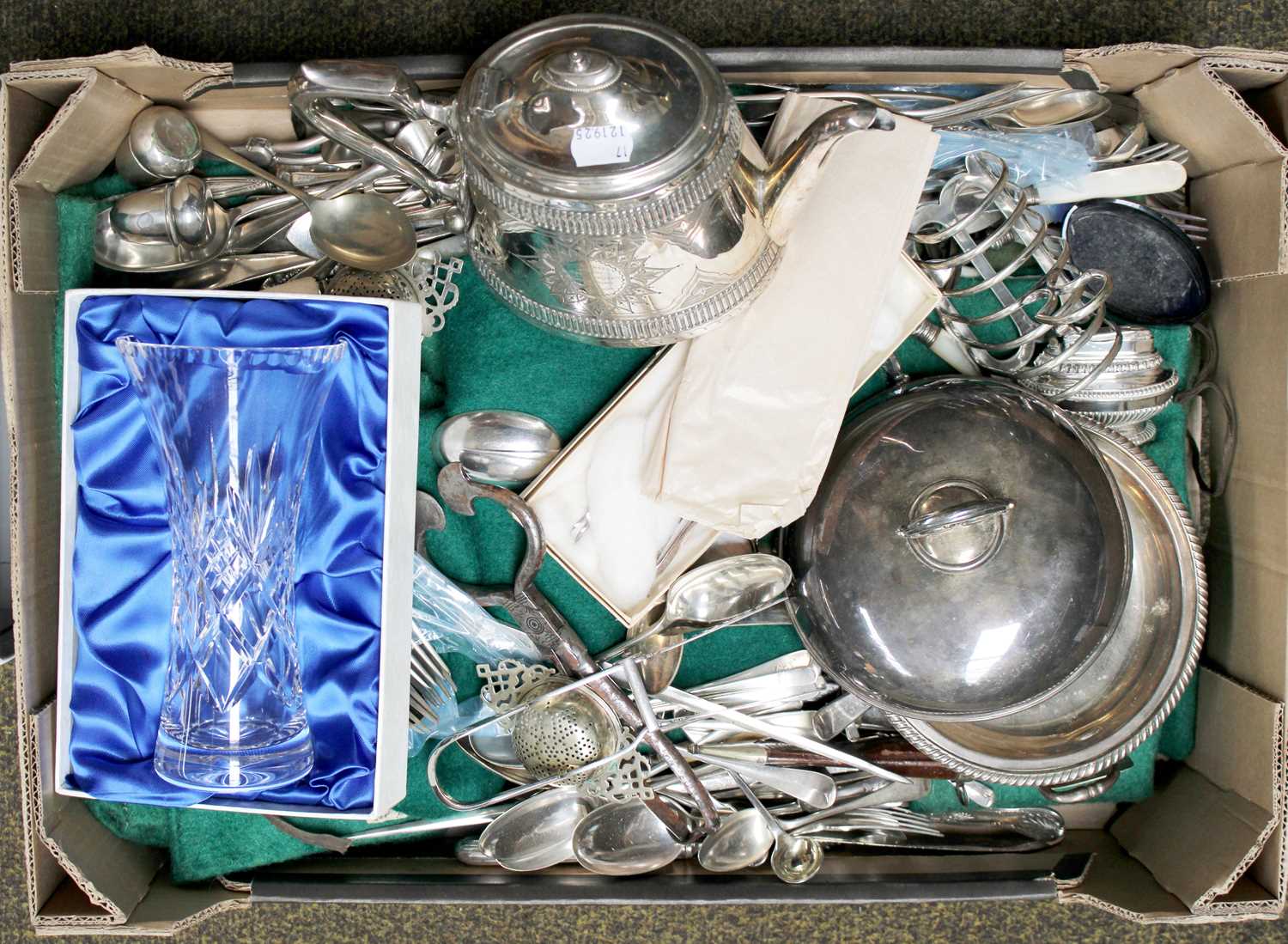 Five Boxes of Miscellaneous Items, including silver mounted inkwells and scent bottle, silver plated - Image 2 of 4