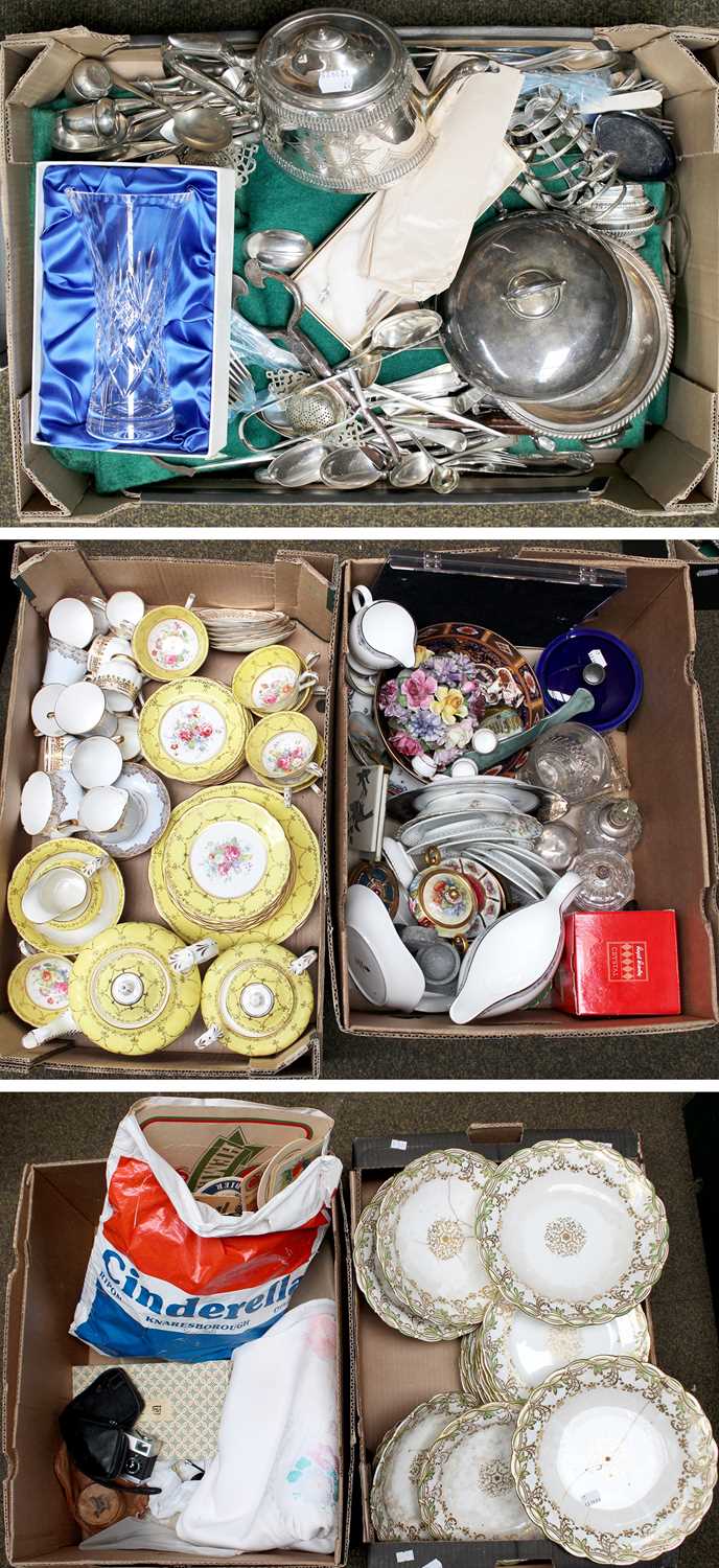 Five Boxes of Miscellaneous Items, including silver mounted inkwells and scent bottle, silver plated