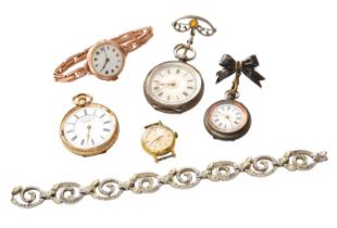 A Lady's Fob Watch, case stamped 14k, A Lady's 9 Carat Gold Enamel Dial Wristwatch, A Lady's Gun