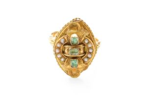 A Green Stone and Split Pearl Ring, finger size Q It bears no hallmark nor stamp but in our