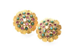 A Pair of Multi-Gem Set Earrings, with post fittings Gross weight 10.4 grams.