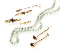 A Small Quantity of Jewellery, comprising of a jade bead necklace, length 46cm; a pair of 9 carat