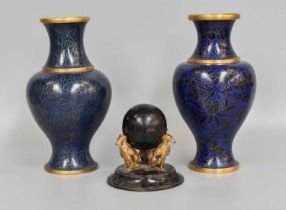 A Pair of Decorative Cloisonne Vases, 26cm high, together with an inkwell in the form of a globe