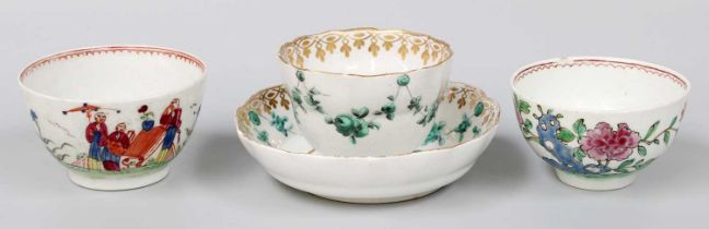 A Champion's Bristol Teabowl and Saucer, circa 1770, of ogee form and painted in green monochrome