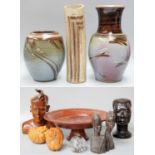 Three Studio Pottery Stoneware Vases, Decorative Items, Four African Hardwood Busts etc (3 + box)