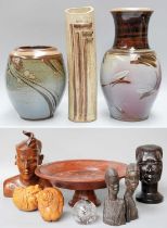 Three Studio Pottery Stoneware Vases, Decorative Items, Four African Hardwood Busts etc (3 + box)