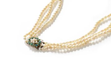 A Triple Row Cultured Pearl Necklace, with A Cultured Pearl and Turquoise Cluster Clasp, length