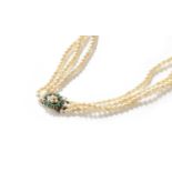 A Triple Row Cultured Pearl Necklace, with A Cultured Pearl and Turquoise Cluster Clasp, length