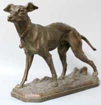 A 19th century French Patinated Terracotta Sculpture, modelled as a hound stood four square, on