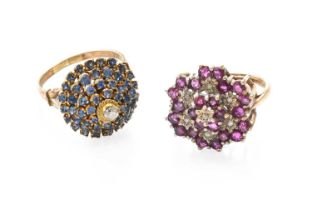 A Sapphire and Diamond Cluster Ring, stamped ‘14K’, finger size S1/2; and A 9 Carat Gold Ruby and