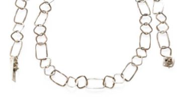 A Silver Fancy Link Necklace, by Hamilton & Inches, formed of rectangular and square textured links,