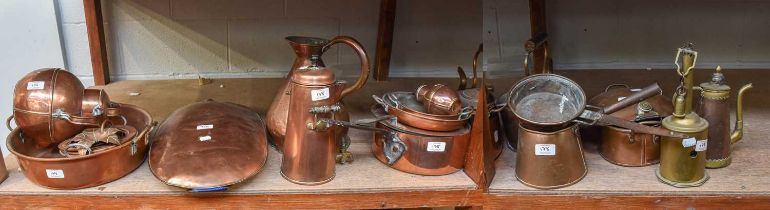 Assorted 19th century Copper and Brass, including saucepans, spit jack, Guernsey milk can, etc (