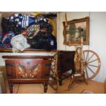 A 19th Century Yew Wood Spinning Wheel, 120cm high, together with a folk art painted chest dated