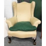 A 1920's Mahogany Framed Wingchair, 85cm by 75cm by 100cm. Seat height 38cm. Structurally sound,