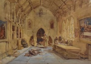 Continental School (Late 19th/early 20th century) Monks at study in an Abbey Watercolour, 28.5cm