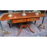 A 19th Century Satinwood Cross-Banded Mahogany Drop Leaf Sofa Table, fitted with two drawers, the