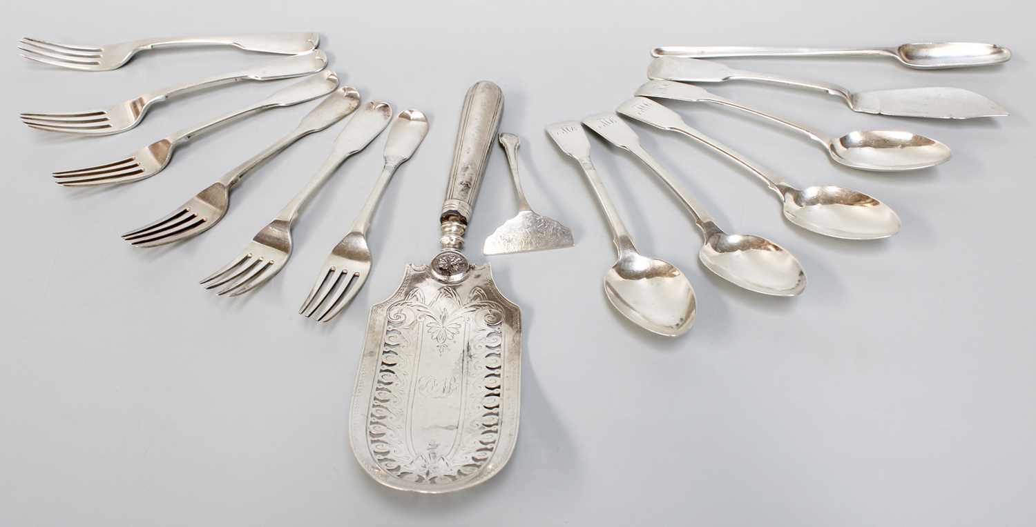 A Collection of George III and Later Assorted Silver Flatware, comprising a marrow-scoop, engraved