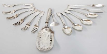 A Collection of George III and Later Assorted Silver Flatware, comprising a marrow-scoop, engraved