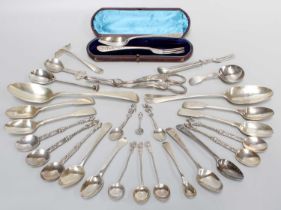 A Collection of George II and Later Silver Flatware, various patterns, including a Hanoverian