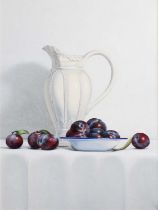 Contemporary Still life creamware jug and an enamel bowl containing plums Oil on canvas, monogrammed