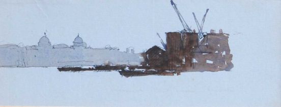 Norman Wilkinson CBE PPRI (1878-1971) Shipyard Ink and wash, 8cm by 20cm Stamped verso: FROM HIS