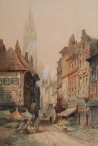Charles J Keats (19th/20th Century) Continental street scene with flower market Signed, watercolour,