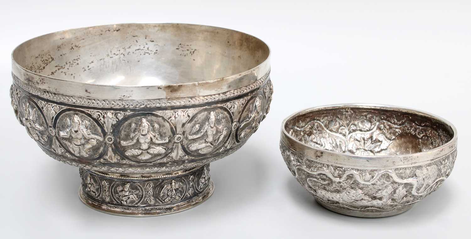 A Silver and Niello Bowl, Possibly Siamese, Early 20th Century, circular and on spreading foot,