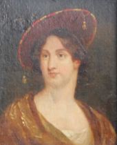 British School (19th Century) Portrait of a lady, head and shoulders, wearing a tassled hat Oil on
