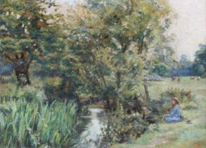 E A Waite (19th/Early 20th Century) Fishing on a river bank Signed and dated (19)08, oil on