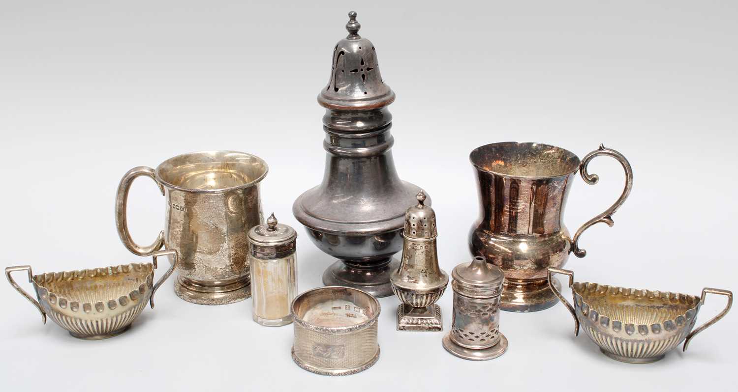 A Collection of Assorted Silver and Silver Plate, the silver including a mug; two differing