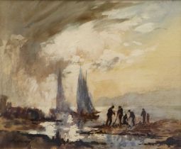 Robert Leslie Howey (1900-1981) Beachcombers at sunset Signed, mixed media, 22cm by 27cm