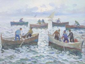 Luigi Bertolingrande (1912-1965) Italian Fishermen Signed, oil on board, 28.5cm by 39cm