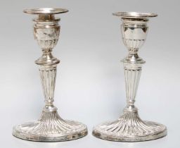 A Pair of Victorian Silver Candlesticks, by Jenkins and Timm, Sheffield, 1896, each on fluted oval