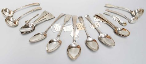 A Collection of George III and Later Silver Flatware, including a set of four Old English pattern
